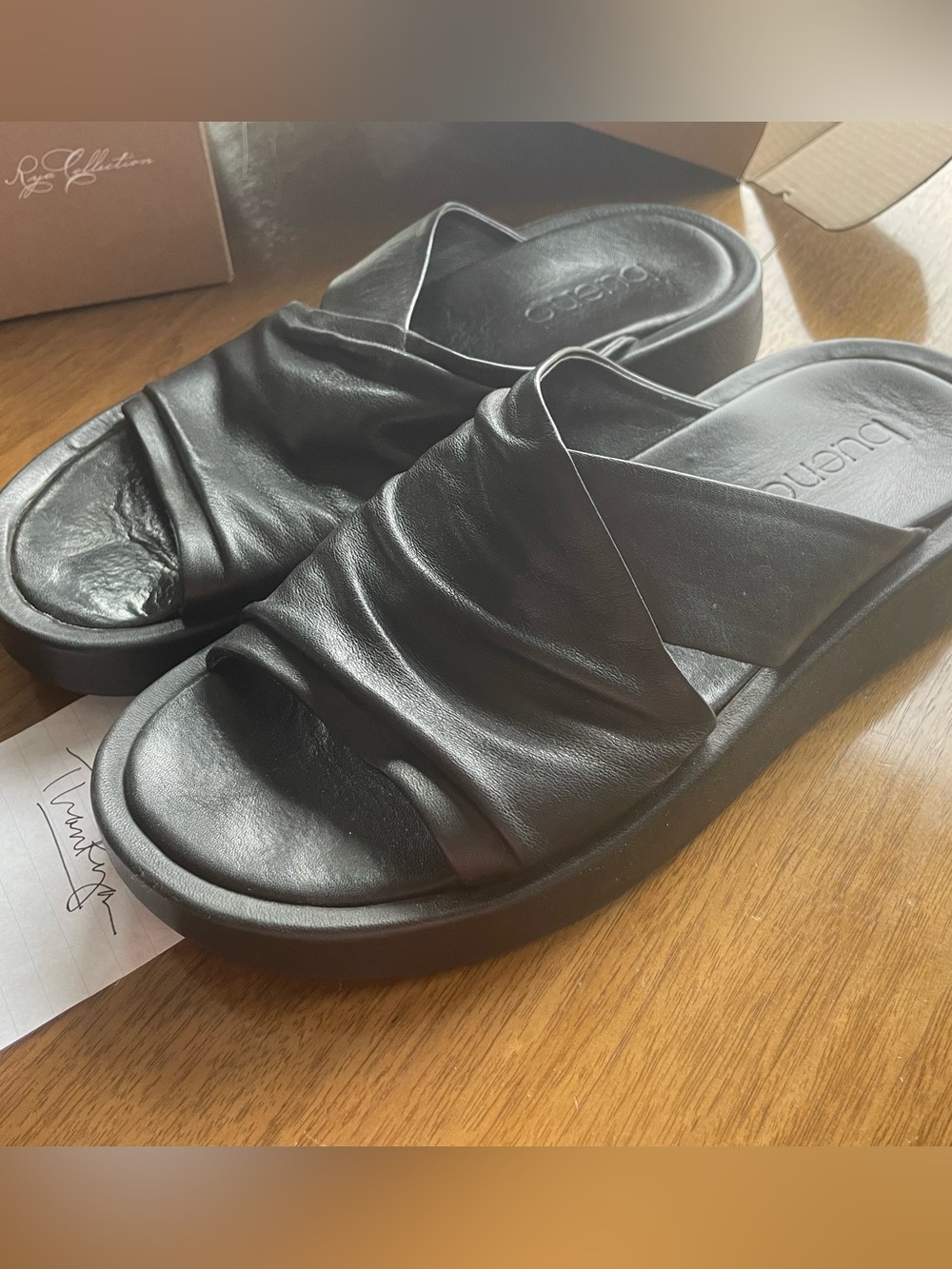 Bueno Black Ruched Leather Slide Mules